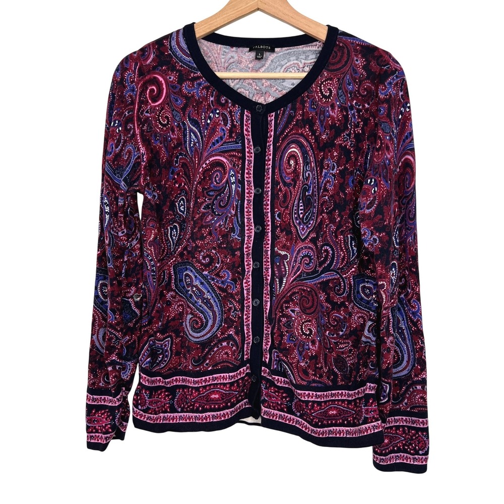 Talbots Womens‎ Large Paisley Button Front Cardigan Cotton Blend *Flaw: Holes*